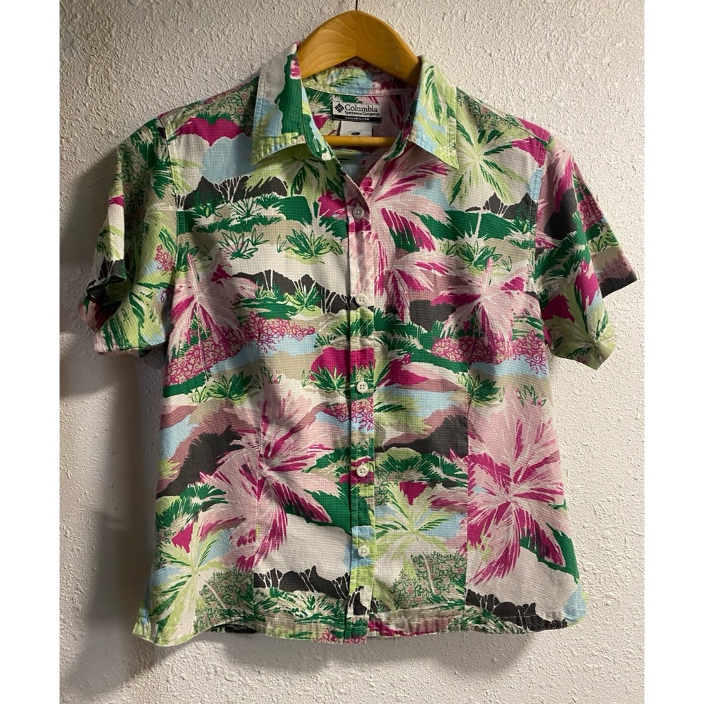 Columbia Green and pink tropical print button down, size large